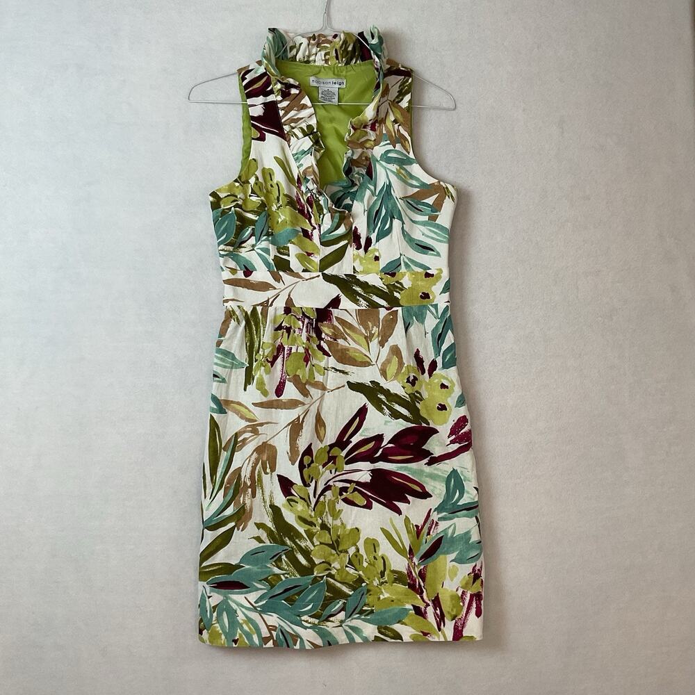 Madison Leigh Dress Womens 8 Green Floral Linen Blend Ruffle Lined Sleeveless
